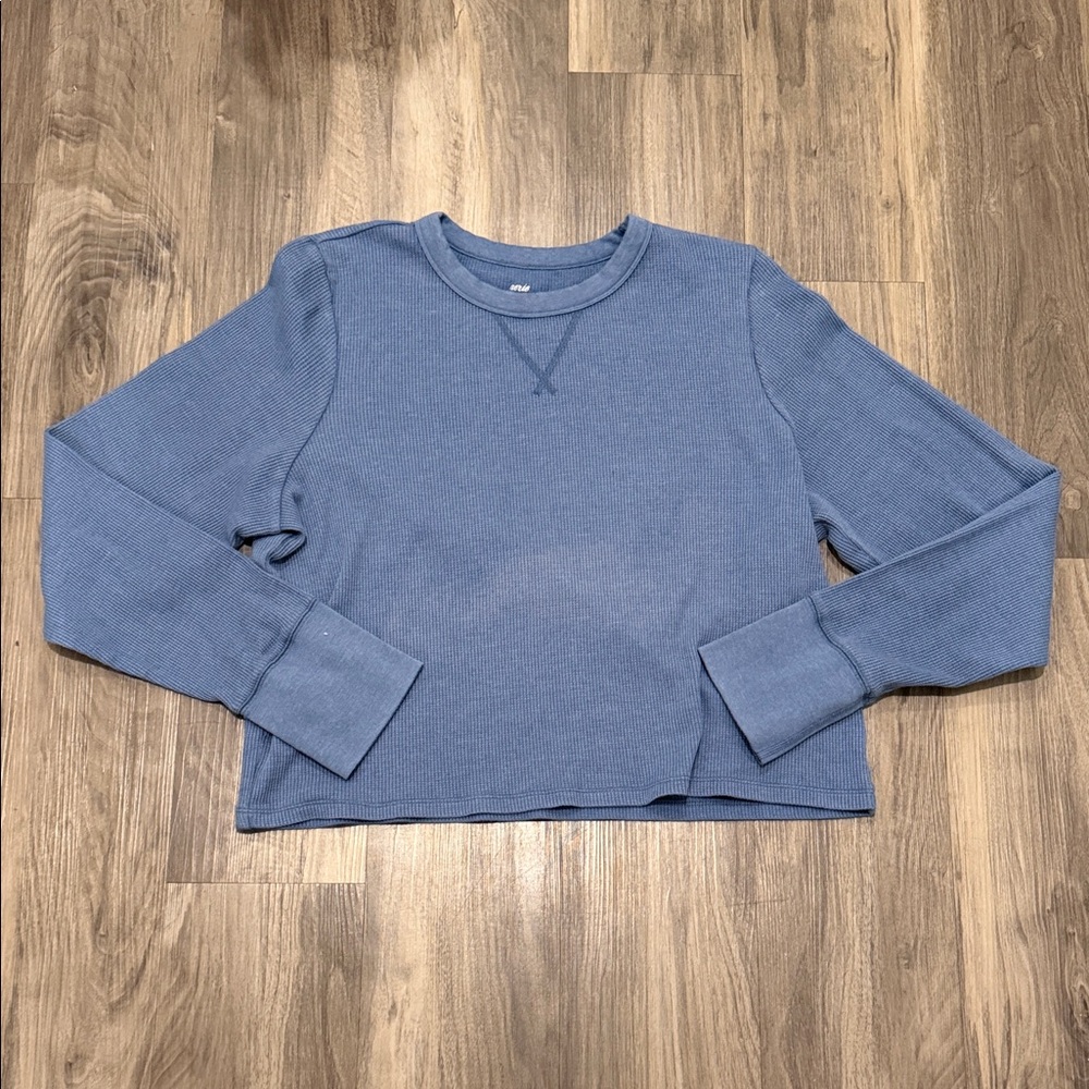 🧇 Aerie Blue Waffle Knit Cropped Crewneck Thermal Top